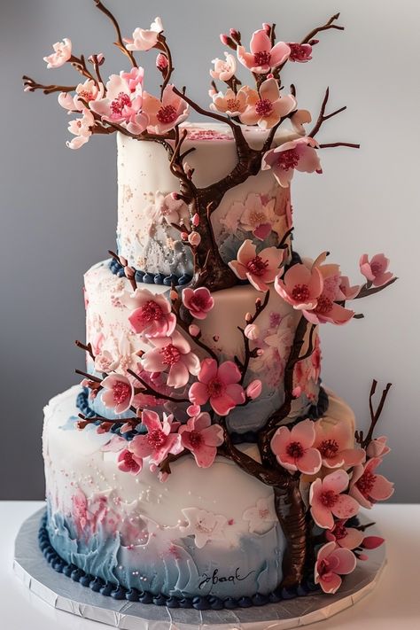 Cherry Blossom Elegance: Crafting the Perfect Birthday Masterpiece Sakura Wedding Cake, Nature Theme Wedding Cake, Sakura Cake Design, Wedding Cake Cherry Blossom, Cherry Blossom Cake Ideas, Japanese Cake Design, Japanese Theme Cake, Cherry Blossom Cake Design, Wedding Cake Dark