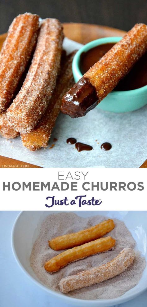 All you need is a few simple pantry ingredients and less than 30 minutes for hot, crispy Homemade Churros rolled in cinnamon-sugar! #justatasterecipes Homemade Churros Recipe, Easy Churros, Gooey Desserts, Easy Churros Recipe, Chocolate Sauce Recipes, Homemade Churros, Chocolate Dipping Sauce, Chocolate Dip, Recipe Thanksgiving