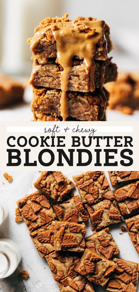 These cookie butter blondies are gooey, chewy, buttery, and loaded with delicious cookie butter. Scattered with speculoos cookies on top, you're left with a bite that's both soft and crunchy. #blondies #cookiebutter #speculoos #butternutbakery Sheet Desserts, Cookie Butter Blondies, Cookie Butter Bars, Flourless Cakes, Chewy Blondies, Homemade Cookie Butter, Butternut Bakery, Food Shoot, Speculoos Cookies