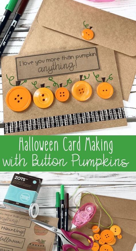 Buttons make crafting so much fun. I love them for sewing and stitching but also think that they are great for gluing on to paper crafts and cards. Let’s do a little Halloween Card Making with Button Pumpkins to create a darling way to send some kindness in the mail. Kindness notes are always a super great idea because no message means quite as much as one written by hand. Materials Needed for Halloween Card Making with Button Pumpkins Therm-O-Web Zots Orange Buttons Card Stock… Kindness Notes, Halloween Cards Diy, Pumpkins Diy, Autumn And Halloween, Flair Pens, Halloween Cards Handmade, Paper Craft Supplies, Halloween Card, Button Cards