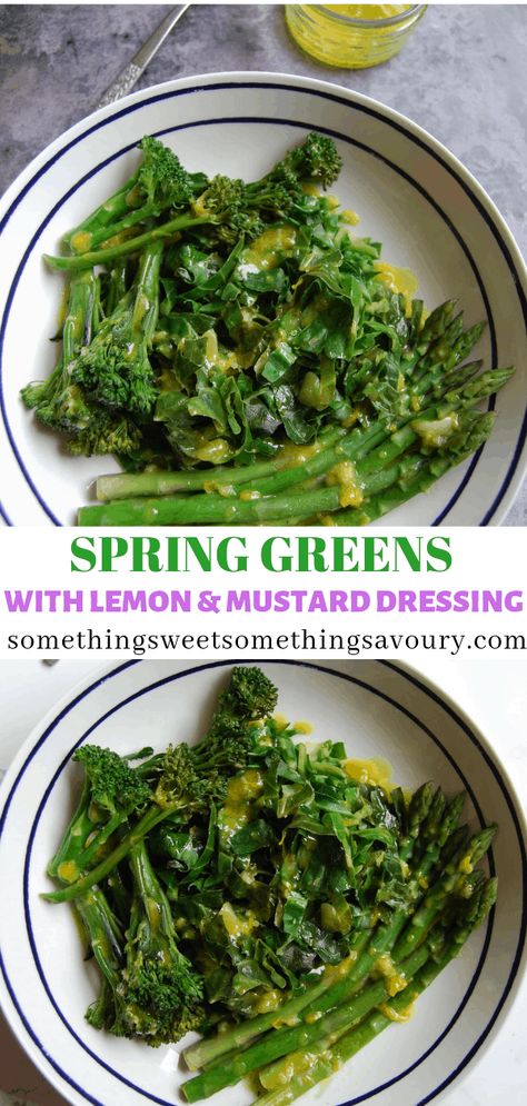 Spring Greens with lemon and mustard dressing are quick, easy and a perfect SpringTime side dish! #springgreens #sidedish #vegetarian #vegan Spring Greens Recipe, Mustard Dressing Recipe, Greens Recipes, Vegetable Recipe, Spring Menu, Uk Food, Recipes Summer, Veg Dishes, Vegan Side Dishes