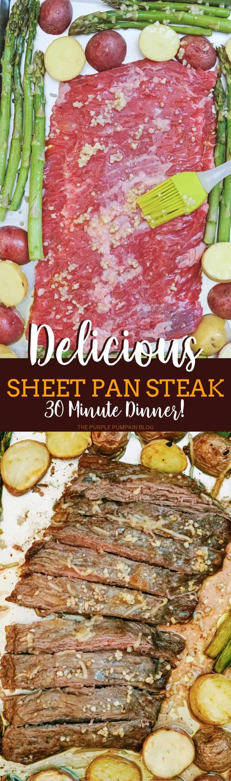 If you love meals that can be cooked in one dish, this sheet pan steak dinner is perfect for you! The steak, asparagus and mini potatoes are flavored with olive oil, garlic and parmesan, and everything is cooked together on the sheet pan. Not only does it taste amazing, it is ready in under 30 minutes, making it a perfect steak dinner any night of the week! #SheetPanDinners #SheetPanSteakDinner #SteakDinners #ThePurplePumpkinBlog #SheetPanMeals Garlic Parmesan Steak, Steak With Asparagus, Parmesan Steak, Steak Asparagus, Sheet Pan Steak, Potatoes And Asparagus, Pan Steak, Steak Potatoes, Mini Potatoes