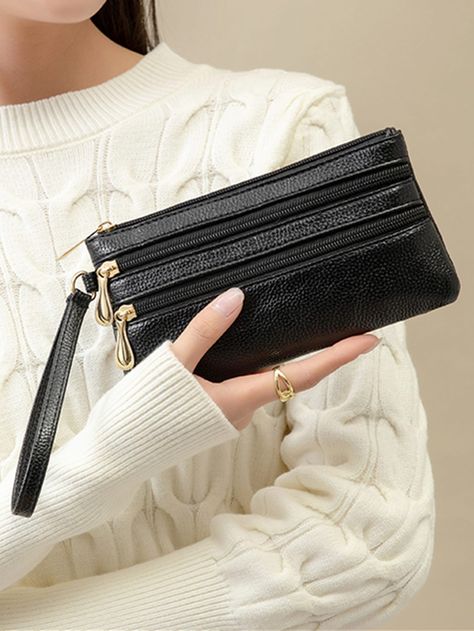 Litchi Pattern Long Clutch Multilayer Wallet Women Purse Wristlet Wallet Black Elegant   Pu Plain    Wallets & Cardholders, size features are:Bust: ,Length: ,Sleeve Length: