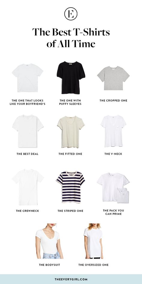 The Best T-Shirts to Have in Your Closet | The Everygirl T Shirt Capsule Wardrobe, How To Dress Like A Minimalist, Must Have Basic Tops For Women, Basic Clothes To Have, Basic Pieces Of Clothing, Where To Get Basics, How To Style Basic Tees, Basic Tees Women, Basic Must Have Clothes