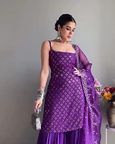 Dupatta Embroidery, Georgette Sharara, Women Salwar Suit, Crop Top Lehenga, Kurta Sharara Set, Simple Lehenga, Kurta Sharara, Women Kurta, Purple Suits