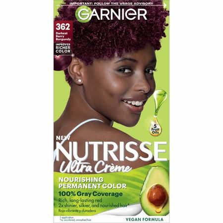 Garnier Nutrisse Nourishing Hair Color Creme, 362 Darkest Berry Burgundy, Garnier Nutrisse Nourishing Hair Color Creme update your blonde with a new seasonal shade, lighten dark roots, cover grays or transform your color altogether with Garnier Nutrisse. Garnier Nutrisse is the only permanent hair color creme that nourishes while you color with avocado, olive, and shea oils. The nourishing color creme enriched with fruit oil concentrate, penetrates deep into hair fibers to nourish and condition Burgundy Hair Dye, Garnier Hair Color, Color Conditioner, Dyed Red Hair, Hair Color Cream, Coloring Tips, Temporary Hair Color, Gray Coverage, Permanent Hair Dye