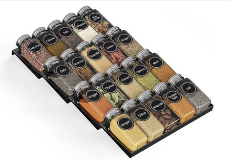 Spice Drawer Organizer with Jars, Labels and Chalk Marker Spice Drawer Organizer, Drawer Spice Rack, Spice Organization Drawer, Seasoning Rack, Chalk Marker, Spice Drawer, Black Drawers, Spice Set, Glass Spice Jars