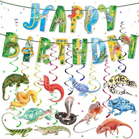 (Sponsored) Reptile Birthday Party Supplies Reptile Swamp Happy Birthday Banner and 12 Pcs Reptile Hanging Swirls Safari Animals Lizard Snake Alligator Turtle Camping Wilderness Jungle Birthday Party Decorations For Kids (As an Amazon Associate I earn from qualifying purchases) #campingparty Reptile Birthday Party Ideas, Funny Reptiles, Alligator Turtle, Jungle Birthday Party Decorations, Reptile Birthday Party, Turtle Frog, Safari Scene, Snake Party, Reptile Party