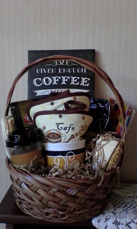 Coffee Lovers Basket for Chinese Auction Coffee Lovers Basket, Craft Gift Basket, Coffee Hampers, Coffee Lover Gifts Basket, Auction Gift Basket Ideas, Chinese Auction, Coffee Basket, Homemade Gift Baskets, Coffee Gift Basket