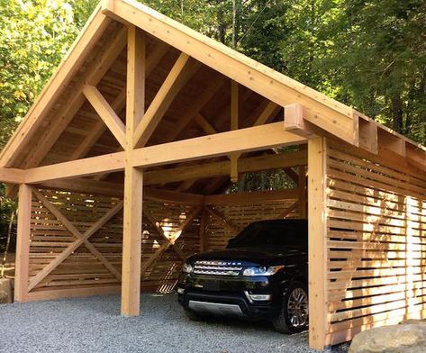 Three Cedar Projects in Three Days with Colin & Justin Carport With Wood Slats, Wooden Carport Ideas, Cedar Carport Ideas, Diy Wood Carport, Cedar Carport, Carport Pavilion, Cedar Projects, Wooden Garages, Wooden Carports