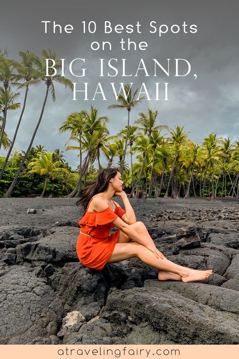 black sand beach with palm trees and girl in orange dress on big island, hawaii Living On The Big Island Hawaii, Big Island Hawaii One Day, Hiking Big Island Hawaii, Big Island Outfits, What To Do On The Big Island Of Hawaii, Best Time To Go To Hawaii, Main Island Hawaii, Big Island Hawaii Outfits, Hawaii Instagram Pictures Kona