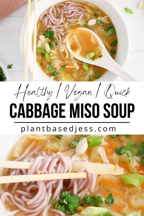 Close up on a cabbage miso soup. Miso Paste Recipes, Miso Noodle Soup, Vegan Miso Soup, Vegan Cabbage, Easy Vegan Soup, Miso Recipe, Miso Soup Recipe, Cabbage And Noodles, Cabbage Soup Recipes