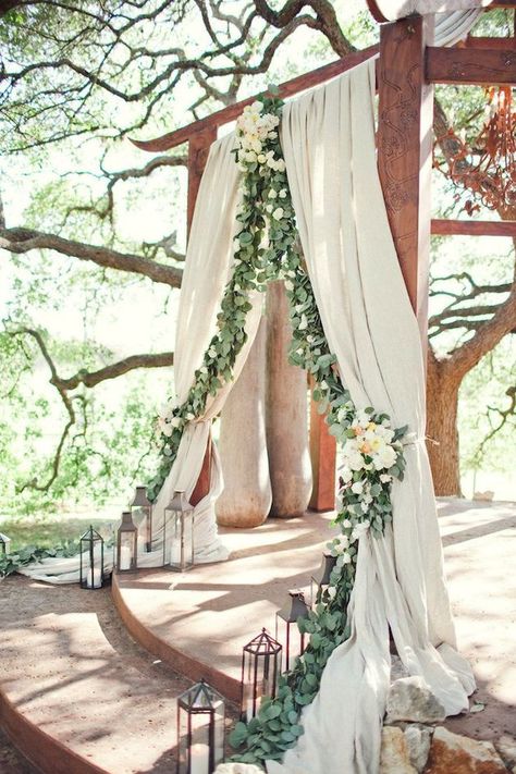 Foliage is the new Flowers | Bridal Musings Wedding Blog  http://FashionCognoscente.Blogspot.com Rustic Wedding Decorations, Flowers And Greenery, White Drapes, Ceremony Backdrop, Garland Wedding, Woodland Wedding, Wedding Cake Designs, Austin Wedding, Wedding Wishes