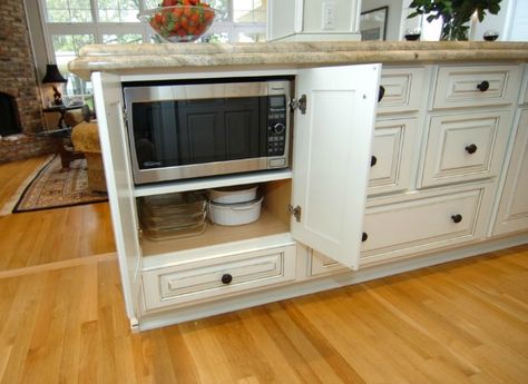 Hidden Microwave - Behind doors in island. on the right side. above the liqueur drawer. Microwave In Kitchen Island Ideas, In Island Microwave, Island With Microwave Drawer, Microwave Under Counter, Island With Microwave, Microwave Island, Island Microwave, Hidden Microwave, Microwave In Island