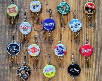 Beer Bottle Cap Art, Beer Bottle Cap Crafts, Bottle Cap Fishing Lures, Bottle Cap Projects, Summer Shandy, Pabst Blue Ribbon Beer, Diy Fishing, Twisted Tea, Cap Art