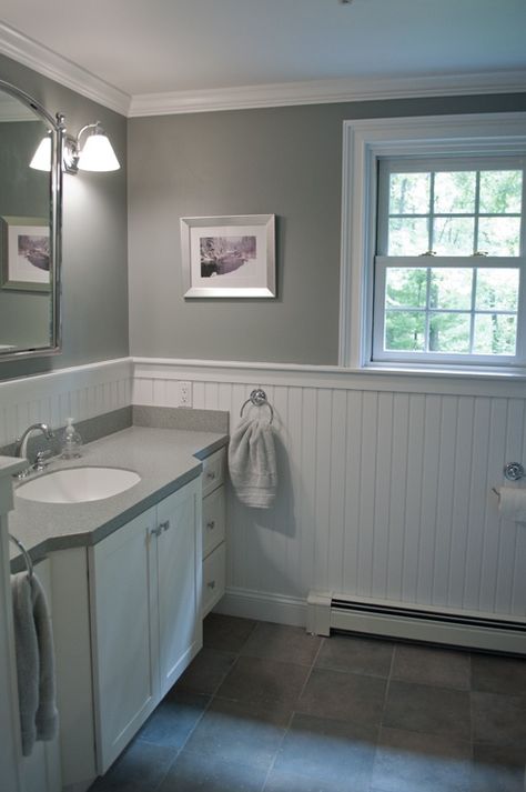 gray bathroom bedboard | New England bathroom design. Custom by PNB. Porcelain ... | House st ... New England Bathroom, Makeover Kamar Mandi, Beadboard Bathroom, White Beadboard, Beadboard Wainscoting, Wainscoting Bathroom, Wainscoting Styles, Gray Walls, Bad Inspiration