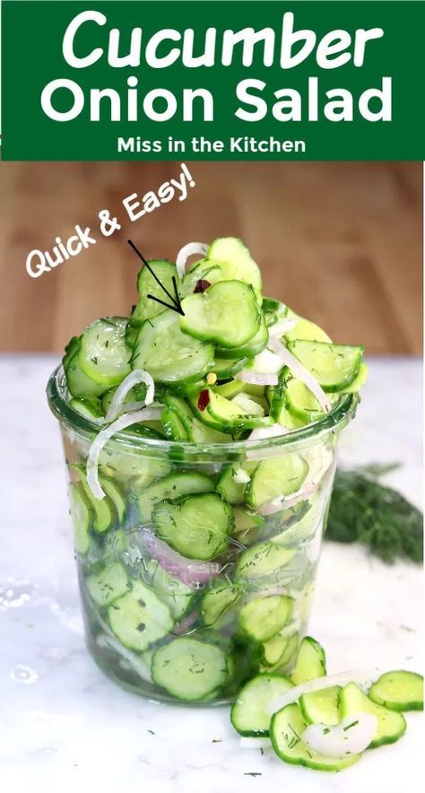 Refreshing Side Dishes, Cucumber And Onion Salad, Cucumber And Onion, Garlic Salad Dressing, Cucumber Onion Salad, Cucumber Onion, Fried Chicken Strips, Jar Salads, Cucumbers And Onions