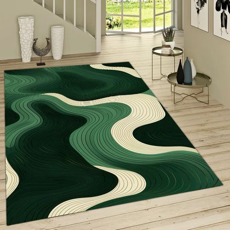 Geometric Rug, Green Rug, Area Rug, Living Room Rug, Water Waves on the Ground, Shades of Green,Bedroom Rug,Custom Rug, Rugs For Living Room 🌟 Elevate Your Space with Stylish Rugs 🌟 Rugs play a crucial role in enhancing the aesthetics and comfort of any space. Crafted from a variety of materials, they offer a diverse range of colors, patterns, and sizes to cater to every taste and preference. Material Matters: Rugs come in various materials, including wool, cotton, silk, synthetic fibers (such as nylon, polyester, polypropylene), and natural fibers (like jute, sisal). Each material boasts its unique texture, shine, and durability. Weaving Wonders: Rugs can be hand-woven or machine-made. While machine-woven rugs are more budget-friendly and suitable for mass production, hand-woven rugs sh Rugs In Living Room Green Couch, Unique Living Room Rug, Craftsman Style Area Rugs, Green Rug Room, Large Green Rug, Retro Rugs Living Room, Bedroom Rug Aesthetic, Green Area Rugs In Living Room, Cute Rugs For Bedrooms Aesthetic