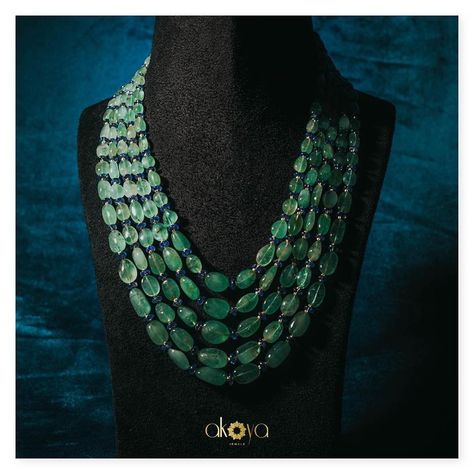 Five line emerald beads mala by Akoya Jewels. beads necklace designs, layered beads long necklace designs, akoya jewellery Emerald Beads Mala, Long Necklace Designs, Beads Long Necklace, Neck Pieces Jewelry, Mala Jewelry, Indian Jewelry Earrings, Antique Gold Jewelry Indian, Beads Mala, Beaded Jewelry Necklaces