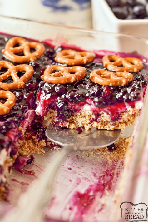 BLUEBERRY PRETZEL SALAD - Butter with a Side of Bread Blueberry Pretzel Dessert, Blueberry Pretzel Salad, Blueberry Pretzel, Pretzel Twist, Smoked Meatloaf Recipe, Candy Cookies Recipes, 4 Ingredient Desserts, Homemade Cream Corn, Pretzel Dessert