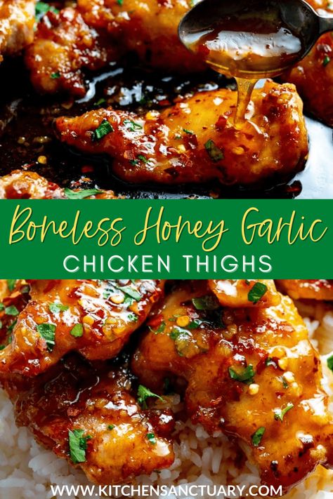 Sticky tender boneless chicken thighs in a garlic, soy and honey sauce. Minimal ingredients, simple to prepare and ready in 20 minutes! #honeygarlicchicken #honeychicken #chinesechicken #chickenthighs #garlicchicken Easy Honey Garlic Chicken, Garlic Chicken Thighs, Honey Chicken Recipe, Honey Garlic Chicken Thighs, Chicken Honey, Garlic Chicken Recipes, Boneless Chicken Thigh Recipes, Boneless Chicken Thighs, Honey Garlic Chicken