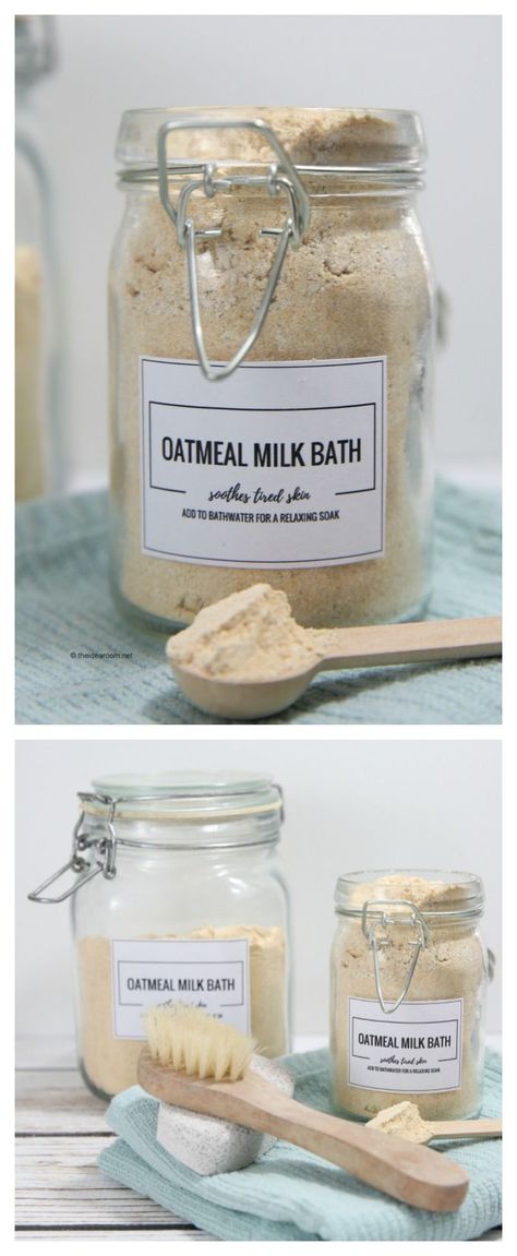 Recipes-Spa | DIY Oatmeal Milk Bath Recipe. Take a luxurious soothing bath with this Oatmeal Milk Bath. Perfect for calming tired and dry skin. #milkbath #dryskin #oatmealmilkbath #sparecipe #giftidea #recipes Oatmeal Milk Bath, Label Minuman, Milk Bath Recipe, Diy Oatmeal, Oatmeal Bath, Oatmeal Milk, Bath Recipes, Diy Kosmetik, Soothing Bath