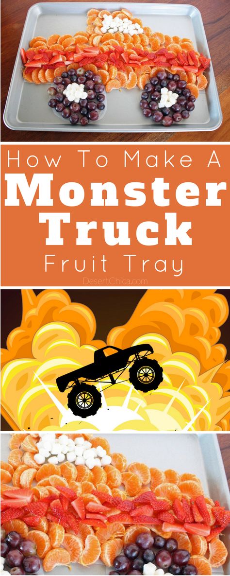 Headed to Monster Jam or having a monster truck themed party, check out this easy monster truck fruit tray. It's healthy, fun and yummy. Monster Truck Party Snack Ideas, Dump Truck Fruit Tray, Party Favors Monster Truck, Monster Jam Sheet Cake Ideas, Monster Truck Birthday Party Favor Ideas, Monster Jam Goodie Bags, Smash And Crash It’s A Monster Truck Bash, Monster Jam Party Food Ideas, 1st Birthday Monster Truck Theme