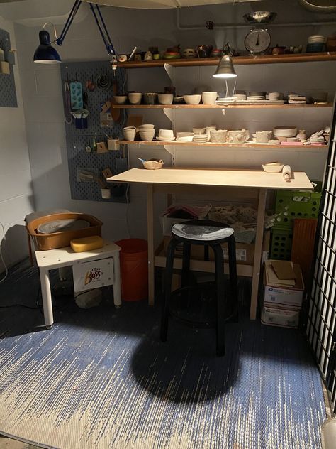 Pottery Studio Refresh — The Midwestern Jungle. Small Home Ceramic Studio, Pottery Corner At Home, Pottery Room At Home, Small Home Pottery Studio, Small Pottery Studio Ideas, Outdoor Pottery Studio, Garage Pottery Studio, Pottery Room Ideas Design Studios, Ceramic Studio Ideas