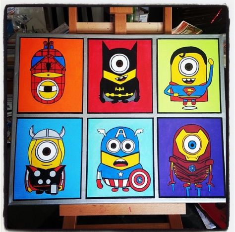 Cute Minions in Marvel and DC Costumes Acrylic Painting on Canvas Minion Painting On Canvas, Marvel Acrylic Painting, Moodboard Painting, Minion Painting, Avengers Painting, Dc Costumes, Batman Cartoon, Disney Canvas Art, Disney Canvas