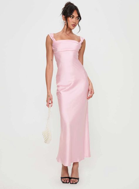 Azura Off The Shoulder Maxi Dress Pink Dusky Pink Maxi Dress, Dusty Pink Fitted Dress, Cream Dress Pink Accessories, Blush Pink Dress Elegant, Dusty Pink Dress Long, Pink Satin Dress Party, Light Pink Formal Dress Satin, Long Pink Tight Dresses, Dust Pink Formal Dress