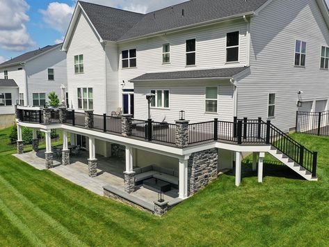 Stone Porch / Techo Bloc Patio - Lititz, PA | Sq Ft | Keystone Custom Decks Walkout Basement Deck Ideas, Stone Porch, Stone Porches, Pavers Backyard, Colorful Patio, Lancaster County Pa, Patio Deck Designs, Modern Backyard Landscaping, Outdoor Remodel