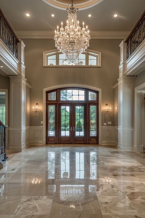 13 Foyer Chandeliers To Dazzle - DreamyHomeStyle Chandeliers For Staircase, Grand Foyer Staircase, Long Chandelier High Ceilings Entryway, Two Staircases Entryway, Large Foyer Chandelier High Ceilings, Entrance Chandelier Entryway, White Foyer Entryway, Long Foyer Ideas Entryway, Dream Foyer