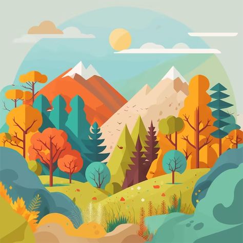 Jungle Landscape, Packet Design, Mountain Sketch, Idea Generation, Vector Landscape, Vector Nature, Illustration Nature, Mountain Illustration, School Murals