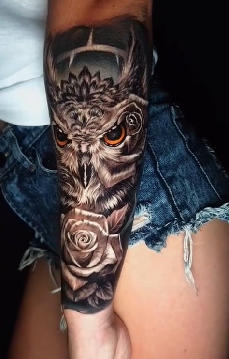 Fierce Owl Tattoo, Realistic Owl Tattoo For Women, Owl Thigh Tattoos, Owl Forearm Tattoo, Arm Tattoos For Women Forearm, Realistic Owl Tattoo, Owl Tattoo Sleeve, Owl Tattoo Small, Owl Tattoo Drawings