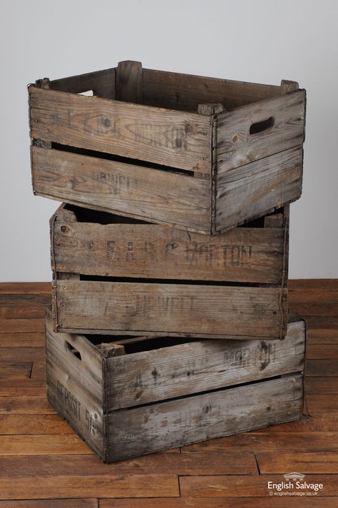 Fruit Crates, Vintage Wood Crates, Old Wooden Crates, Upcycle Design, Vintage Wooden Crates, Old Wooden Boxes, Pallet Crates, Old Crates, Antique Garden