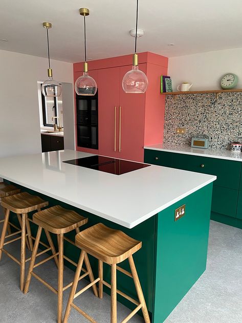 Colourful Kitchen Cupboards, Kitchen Diner Renovations, Upcycle Kitchen Cupboards, Colourful Kitchen Island, Bold Colour Kitchen, Colourful Kitchen Diner, Bright Colourful Kitchen Ideas, Colourful Kitchens Ideas, Diy Kitchen Cupboards Makeover