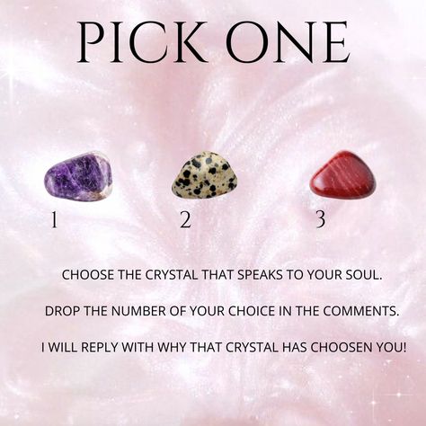 Choose the crystal that speaks to your soul: Amethyst, Dalmatian Jasper, or Red Jasper. Each one carries a unique energy and offers special benefits tailored just for you. Drop the number of your choice in the comments and I'll reply with the energy your crystal brings. #CrystalVibes #HealingCrystals #SpiritualAwakening #PositiveEnergy #MindBodySpirit #CrystalMagic #CrystalCommunity #GoodVibesOnly #Manifestation #EnergyHealing Crystal Vibes, Dalmatian Jasper, Crystal Magic, Mind Body Spirit, Red Jasper, Fulfilling Life, The Energy, Good Vibes Only, Achieve Your Goals