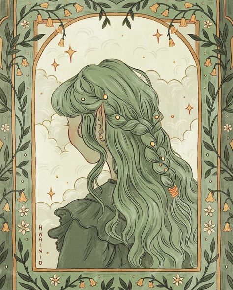 fantasy dungeons and dragons dnd d&d elf | green elf | fantasy art | wall decor | dorky decorations | By Hanna Waino @ hwaino on IG Drawing Braids, Elf Drawings, Dnd Elves, Elves Fantasy, Elf Art, Forest Elf, Art Fantasy, Fantasy Aesthetic, Anime Wall Art