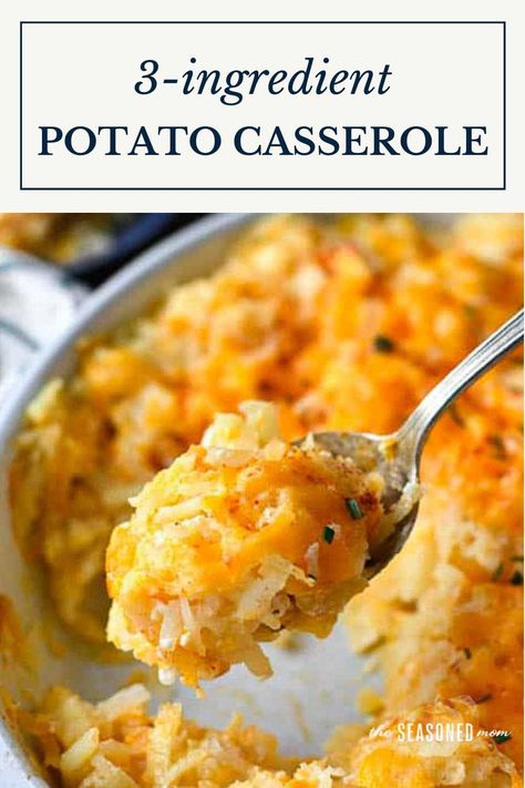 This easy side dish recipe has been a family favorite for decades! Aunt Bee's 3-Ingredient Cheesy Potato Casserole includes shredded potatoes, sharp cheddar cheese, and rich sour cream for a quick make-ahead side. Cheesy Potatoes Without Cream Of Chicken, Sour Cream Potatoes Casserole, Cheddar Cheese Potatoes, Creamy Cheese Potatoes, Frozen Cheesy Potatoes, Shredded Potato Casserole Recipes, Potato Casserole No Cheese, Easy Potato Casserole Simple, Cheesy Potatoes Without Cream Soup