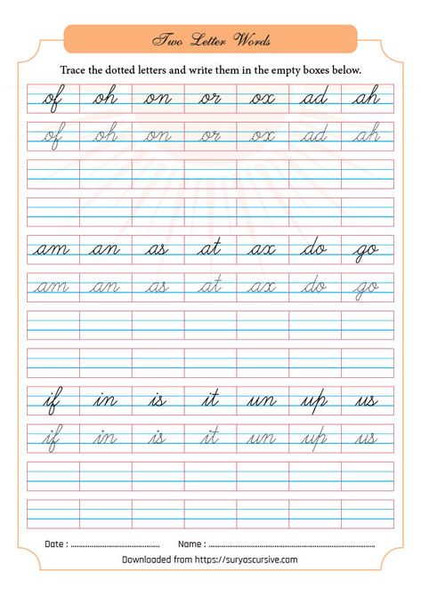 Two Letter Words in Cursive | SuryasCursive.com Words In Cursive, Cursive Writing Book, Caligrafia Copperplate, Handwriting Improvement, Cursive Letters Worksheet, Teaching Cursive Writing, Two Letter Words, Cursive Writing Practice Sheets, Cursive Worksheets