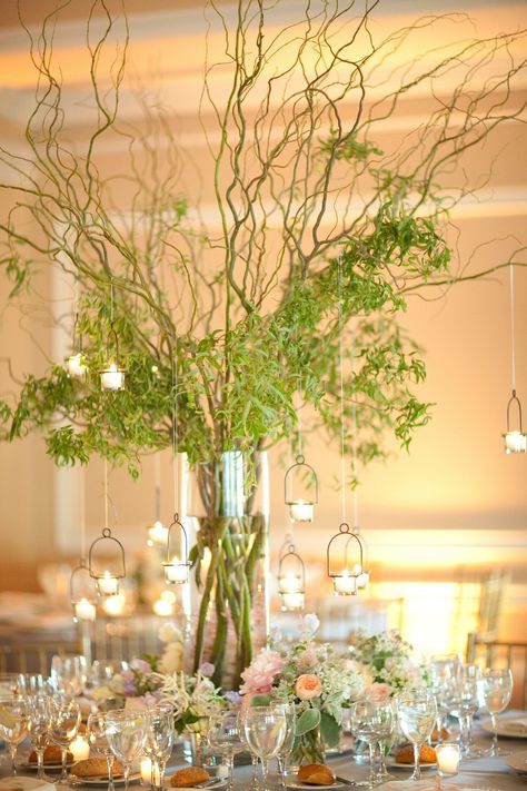 Vine Centerpieces with Hanging Votive Candles Vine Centerpieces, Oheka Castle Wedding, Branch Centerpieces, Oheka Castle, Tall Centerpieces, Hanging Candles, Castle Wedding, Wedding Tablescapes, Glass Vases