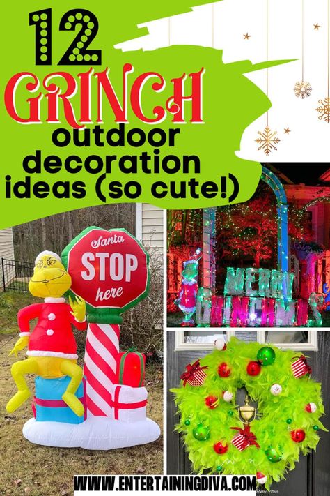 Looking for some fun Christmas decorations for your front yard? Look no further than these awesome Grinch outdoor Christmas decor ideas. From Grinch wreaths to garlands to the Grinch stealing Christmas lights, there's tons of inspiration for a beautiful Grinch yard display. Grinch Front Porch Decorations, Grinch Outdoor Decor, Grinch Porch Decor, Christmas Decor Ideas Grinch, Grinch Stealing Lights, Grinch Yard Decorations, Grinch Craft, Outdoor Christmas Decor Ideas, Grinch Wreath