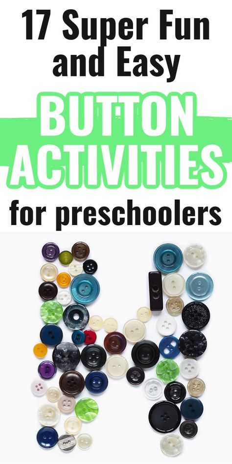 Do you have a big jar of buttons lying around your house? Kids love to play with buttons, so why not give them some button crafts to spend their time with! Here are 17 super fun and incredibly easy button activities for preschoolers to enjoy! button activities for toddlers | button activity for kids | button activity for preschool | Button Craft Preschool, Button Crafts For Preschoolers, Buttons Preschool Activities, Buttoning Activities For Kids, Preschool Button Activities, Crafts With Buttons For Kids, Bead Activities For Preschoolers, Button Activities For Preschool, Button Activity