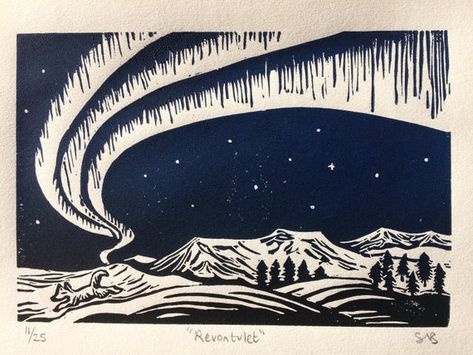 Fox Lino, Northern Lights Tattoo, Alaska Northern Lights, Relief Printmaking, Light Tattoo, Linoleum Print, Linocut Printmaking, Lino Art, Aurora Borealis Northern Lights