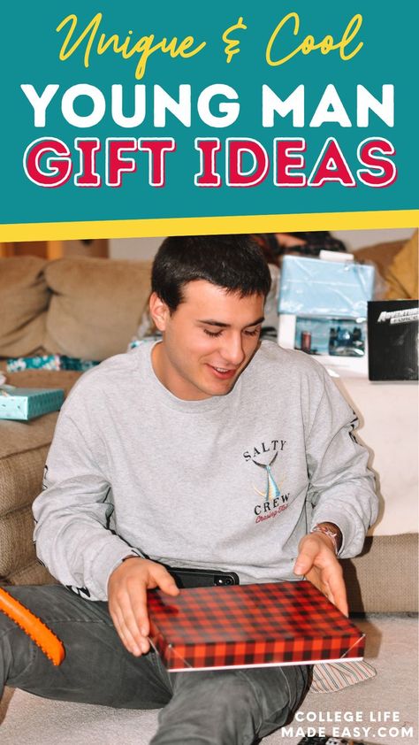 Unique and cool young man gift ideas, smiling young guy in his early 20's sitting with a Christmas gift in his lap ready to be opened Christmas Gifts For Young Adult Man, Gifts For 35 Year Old Men, Young Men Gifts, Gifts For Young Men Christmas, Christmas Gifts For Adult Son, Christmas Gifts For Young Men, Gifts For Young Adult Men, Gifts For 20 Year Old Guy, Young Adult Gifts