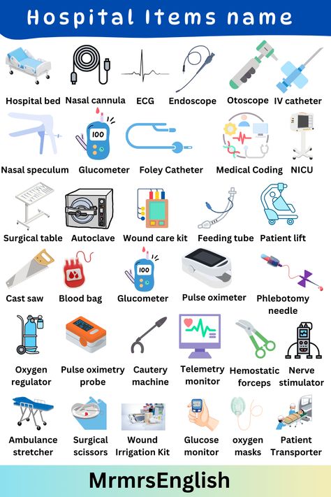 Hospital Vocabulary Learning English, Hospital Words In English, Medical Words In English, English Medical Vocabulary, Nursing Vocabulary, Nurse Vocabulary, Hospital Vocabulary, Hospital Tools, Tools Vocabulary