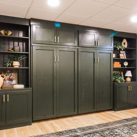 Custom Murphy Bed Built Ins, Twin Murphy Bed Ideas, Formal Dining Room Turned Office, Bed With Bookshelves, Dining Room Turned Office, Murphy Bed Office, Murphy Bed Plan, Diy Built In, Guest Bedroom Home Office