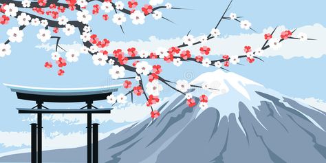 Photo about Graphic Illustration of Mount Fuji with Cherry Blossoms and Traditional Gate in Foreground. Illustration of flowers, remote, mount - 44573343 Mount Fuji, Japan Fuji Mountain, Cherry Blossom Illustration, Japan Fuji, Blossom Illustration, Japanese Vintage Art, Cherry Blossoms Illustration, Fuji Mountain, Monte Fuji