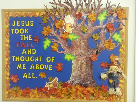 fall bulletin board ideas for preschool Fall Sunday School Bulletin Boards, October Bulletin Board Ideas, Fall Church Bulletin Boards, Religious Bulletin Boards, October Bulletin Board, Fall In Love With Jesus, Bible Bulletin Boards, Fall Sunday, October Bulletin Boards