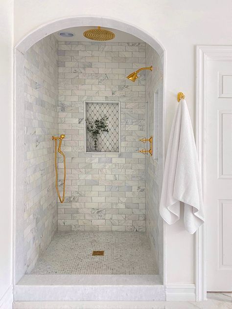 As you can see  creating an effective scheme isn't quite as simple as it seems. There are numerous options  but it will require a significant amount of thought and creativity to find the right combinations. Bathrooms With Marble Tile, Bathroom With Arches, Shower No Glass Door, Marble Style Bathroom, Arch In Bathroom, French Country Shower Tile, Small Shower Renovation, Bathroom With Stand Up Shower Only, Small Marble Tile Bathroom